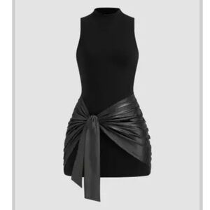 Cider Black High neck Ruched  Knotted Mini Dress w/Branded Tag